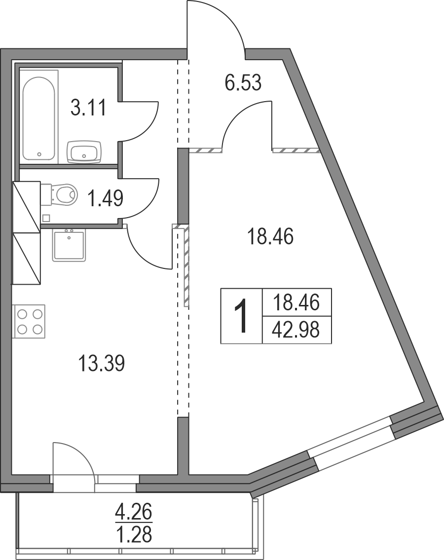 1-комнатная квартира 42.98 м², 2/19 эт., ЖК «Приморский квартал»